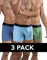 Three-pack wildman big boy pouch cotton boxer briefs in blue light blue and green with black waistbands and 5 inch inseam