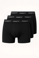 Black men’s boxer briefs in 3 pack made of 100% cotton with white pov logo on the waistband