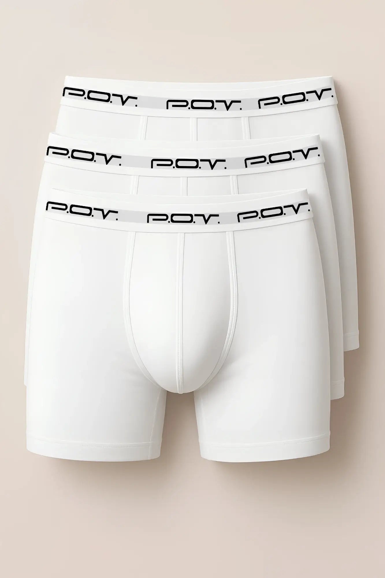 White pov brand boxer briefs with a black logo on the waistband made of 100 percent cotton in a 3-pack set