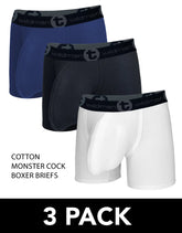 Set of three cotton boxer briefs in blue black and white with dark gray wildman waistband and 5 inch inseam