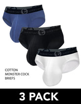 Blue black and white cotton briefs with wildman logo on waistband 3-pack wildmant cotton monster cock brief