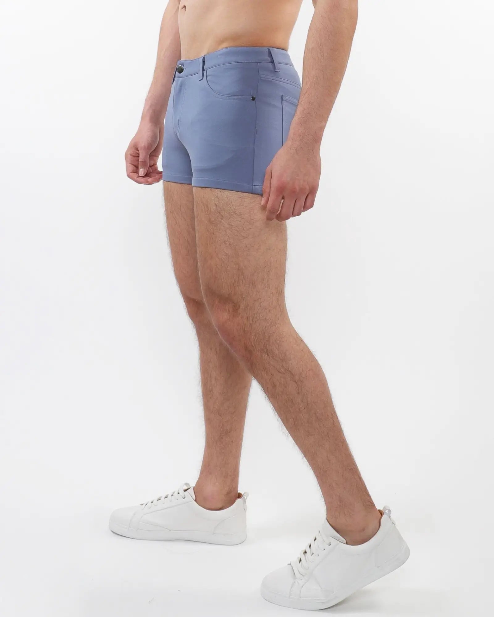 Blue 3 inch stretch knit shorts with classic five-pocket design and button closure in denim material