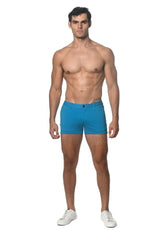 Men’s bright blue 3 inch stretch knit shorts with tailored fit and classic button closure
