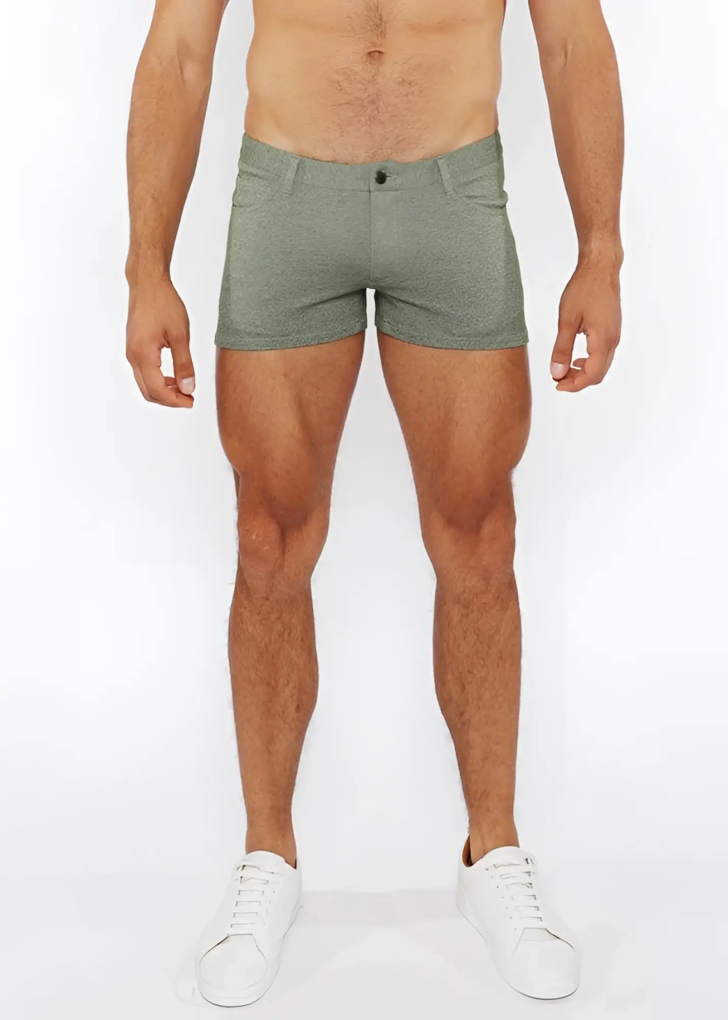Men’s olive green heathered cotton 3 inch stretch knit two tone shorts with button closure and side pockets
