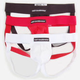 Set of three metromalewear cup jock strap briefs in black red and white for athletic support and comfort