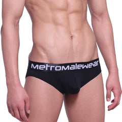 Black cotton pouch hip briefs with a white metromalewear logo on the waistband for comfortable everyday wear