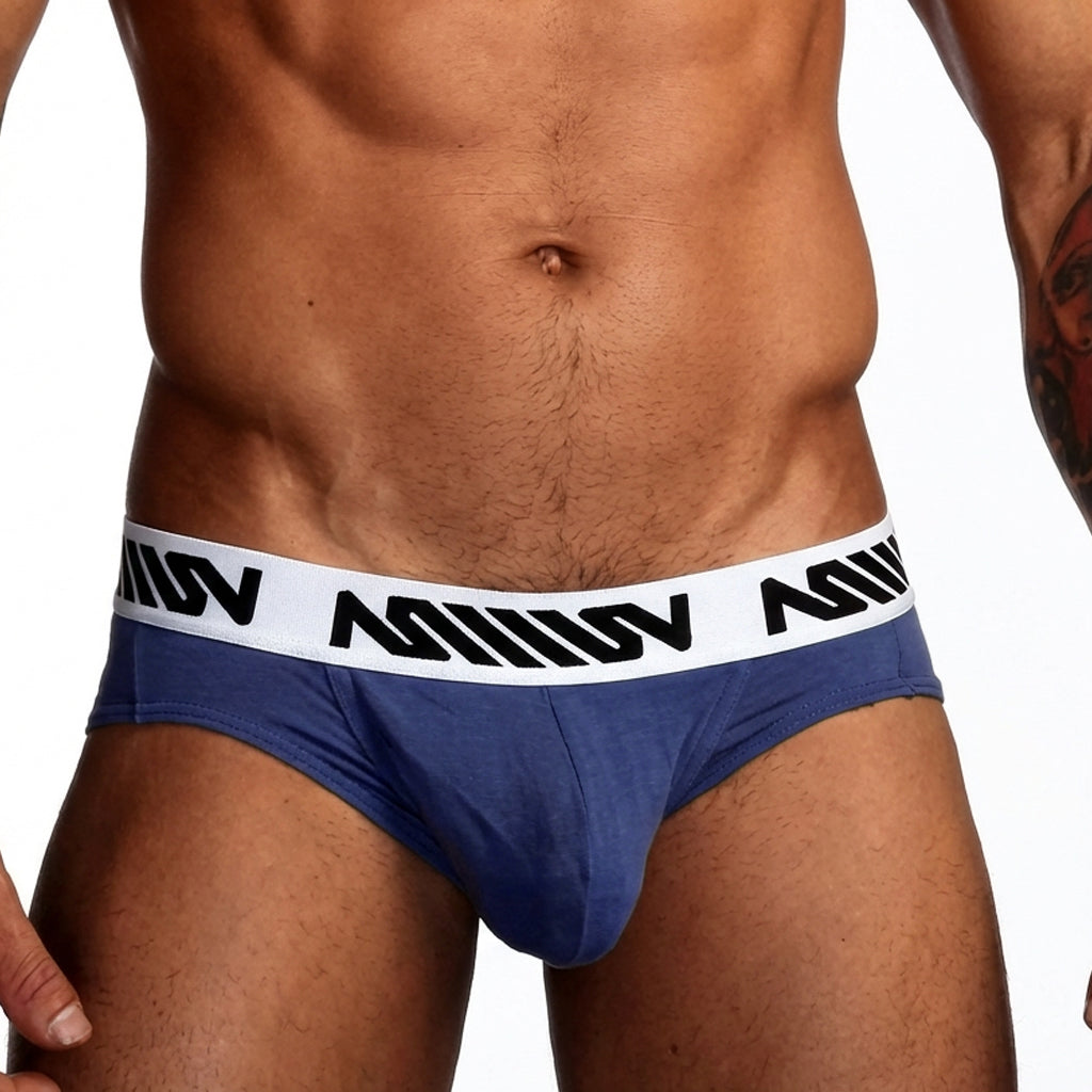 Blue mens cotton pouch hip briefs with white waistband and black miiiv branding metromailewear 3003-28