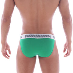 Green mens briefs with a white elastic waistband and gray logo from metromalewear asian bikini amazon green 3004-07