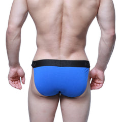 Blue MetroMaleWear Asian bikini briefs with a black elastic waistband featuring the brand logo