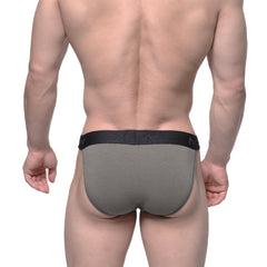 Gray athletic briefs with black elastic waistband and metro male wear logo from metro male wear asian bikini khaki 3004-26
