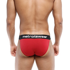 Red metrowear briefs with a black waistband and white lettering from metromalewear asian bikini terracotta collection