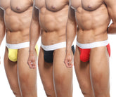 Three men’s athletic bikini briefs in yellow black and red with white elastic waistbands from MetroMaleWear 3PACK