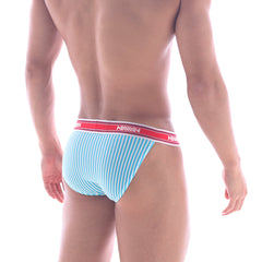 Light blue and white striped men’s briefs with a red MetroMaleWear waistband Asian bikini Arco 3004-49 model