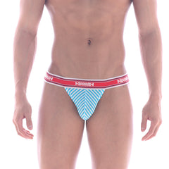 MetroMaleWear asian bikini arco 3004-49 light blue white striped men’s briefs with red aquav waistband front side