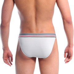 White ribbed briefs with gray waistband featuring red and black stripes metro male wear canon bikini gray 3004-50
