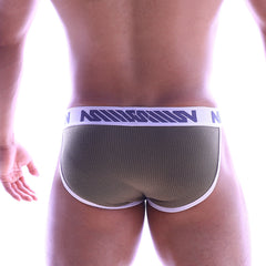 Metro malewear cotton ribbed bikini khaki 3004-53 olive green with white trim and navy mission waistband