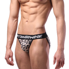 Leopard-print men’s briefs in brown with a black promalewear waistband from metromalewear animal bikini 3004-60