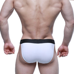 White briefs with black elastic waistband and subtle branding from metromalewear asian bikini cristalino 3004-70
