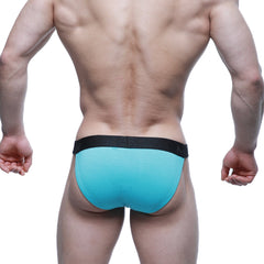 Turquoise athletic briefs with black elastic waistband featuring metro malewear logo in asian bikini neo blue 3004-71 design