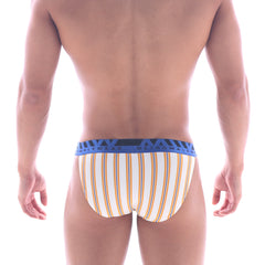Men’s briefs with white and gold stripes and a blue metromalewear logo waistband metro male wear asian bikini valencia 3004-79