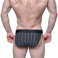 Black and white vertically striped men’s briefs with black waistband and mema logo metroMalewear asian bikini Austin 3004-85