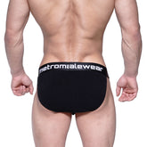 Black cotton ribbed briefs with bulge bikini fit and white metromalewear logo on waistband