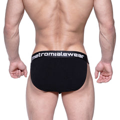 Black cotton ribbed briefs with bulge bikini fit and white metromalewear logo on waistband