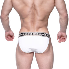 White briefs with a glittery silver chain-link waistband from metromalewear asian bikini metal white 3004-m00 collection