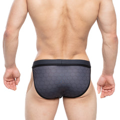 MetroMaleWear Armour Sports Bikini 3004-M41 black hexagonal-patterned swim trunks with solid black waistband