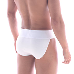 White cotton rib bikini briefs with smooth elastic waistband from MetroMaleWear for comfortable everyday wear