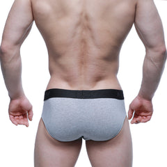Gray heathered cotton hip briefs with black elastic waistband and MetroMaleWear logo for comfortable everyday wear