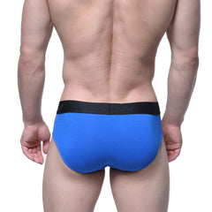 Bright blue cotton hip briefs with black elastic waistband featuring the MetroMaleWear brand logo