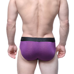 Purple cotton metroMalewear hip briefs with black elastic waistband branded men in white lettering