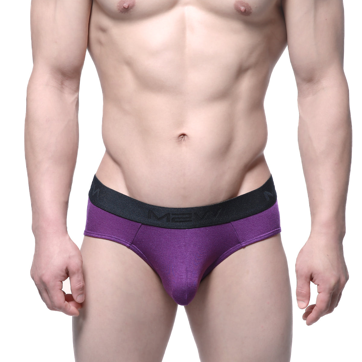 Purple cotton MetroMaleWear hip briefs with a black elastic waistband featuring mean branding in white lettering