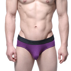 Purple cotton MetroMaleWear hip briefs with a black elastic waistband featuring mean branding in white lettering