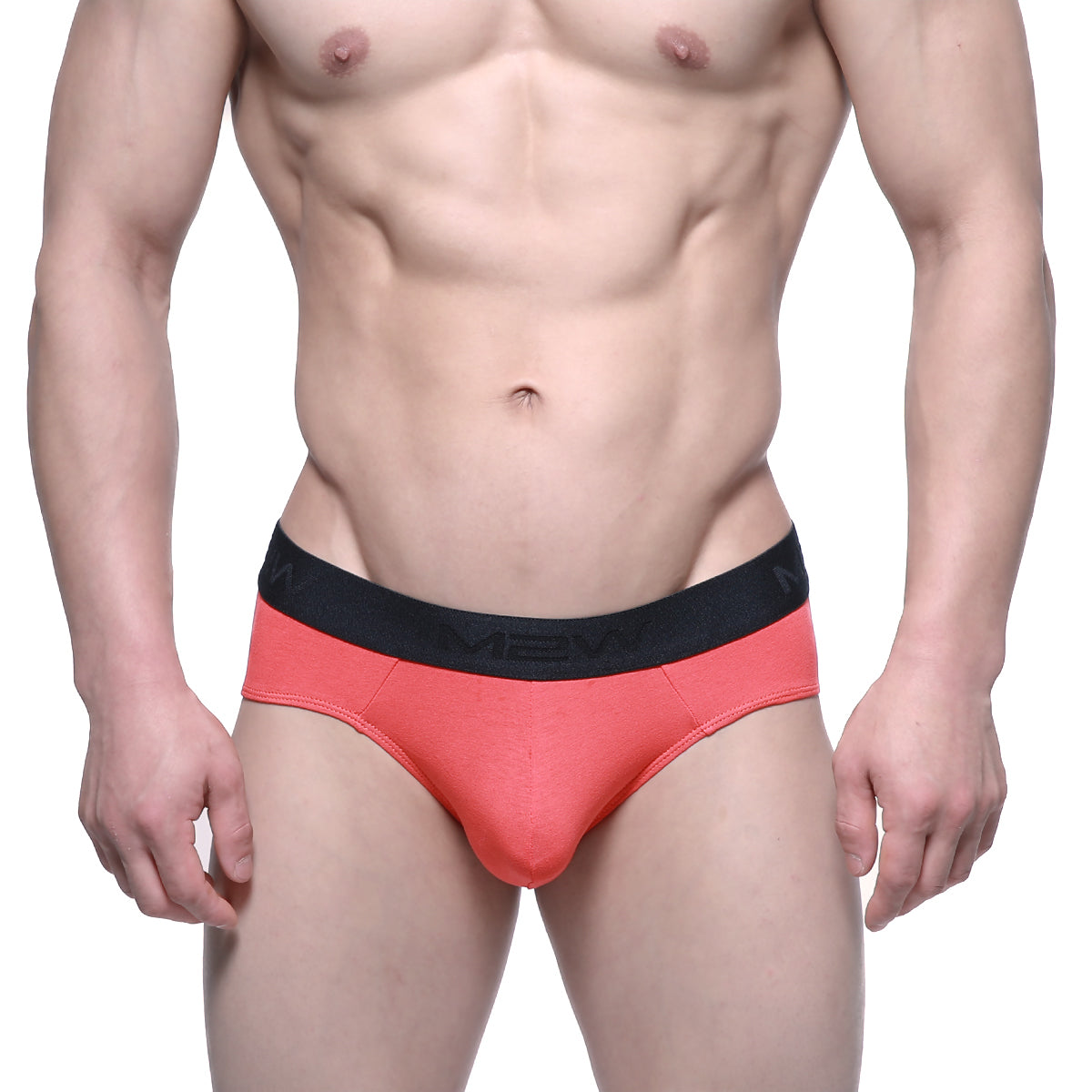 Coral cotton briefs with black mev elastic waistband from metrimalewear hip brief collection model 3006-24