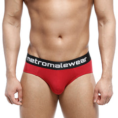 Red men’s cotton hip briefs terracotta with black waistband and metromalewear logo for comfortable everyday wear