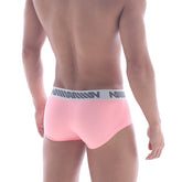 Pink mens briefs metro male wear bulge boxer pastel pink with white elastic waistband and gray logo pattern