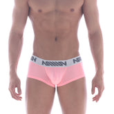 Pink MetroMaleWear bulge boxer pastel pink briefs with white elastic waistband and gray logo pattern