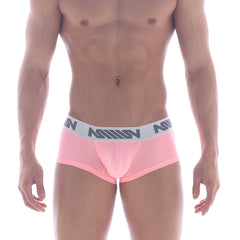 Pink MetroMaleWear bulge boxer pastel pink briefs with white elastic waistband and gray logo pattern