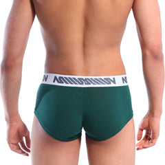 MetroMalewear cotton pouch boxer in pine green with dark green briefs and white elastic waistband with gray logo pattern