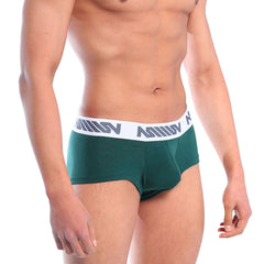 Dark green MetroMaleWear cotton pouch boxer briefs with white elastic waistband and gray logo pattern