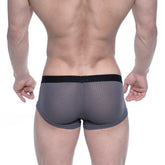 MetroMalewear bulge boxer gray mesh briefs with black elastic waistband showing front side design