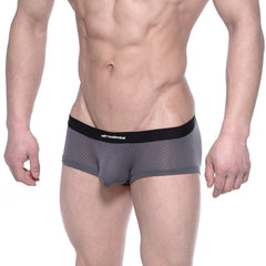 Gray mesh bulge boxer briefs with black metromallwear waistband designed for comfort and style