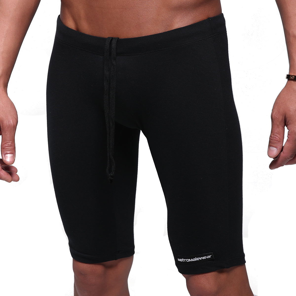 Black cotton MetroMaleWear athletic biker shorts with drawstring waistband and logo on lower right leg