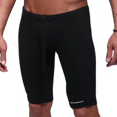 Black cotton MetroMaleWear athletic biker shorts with drawstring waistband and logo on lower right leg