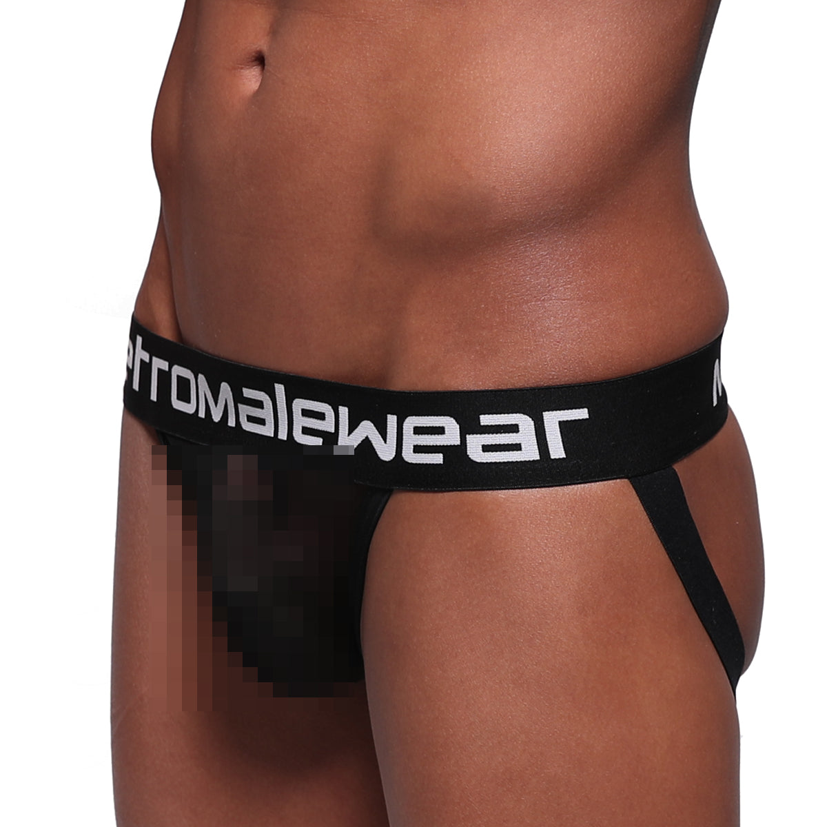 Black chromalewear briefs with white metro male wear logo on waistband front view metro male wear alba jock strap