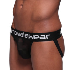 Black chromalewear briefs with white metro male wear logo on waistband front view metro male wear alba jock strap