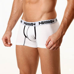 White men’s cotton boxer briefs with a black elastic waistband featuring the million logo metroMalewear 7 inch