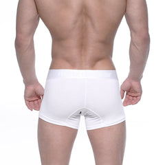 White metro malewear cotton short boxer briefs with smooth form fitting design and subtle waistband branding